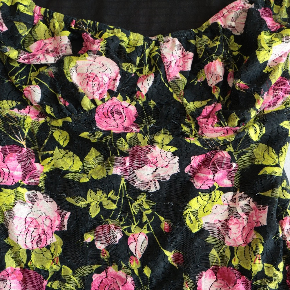 Betsey Johnson Pink Floral Lace Mini Dress Black Ruffle Milkmaid JN108350 Small - Picture 7 of 11
